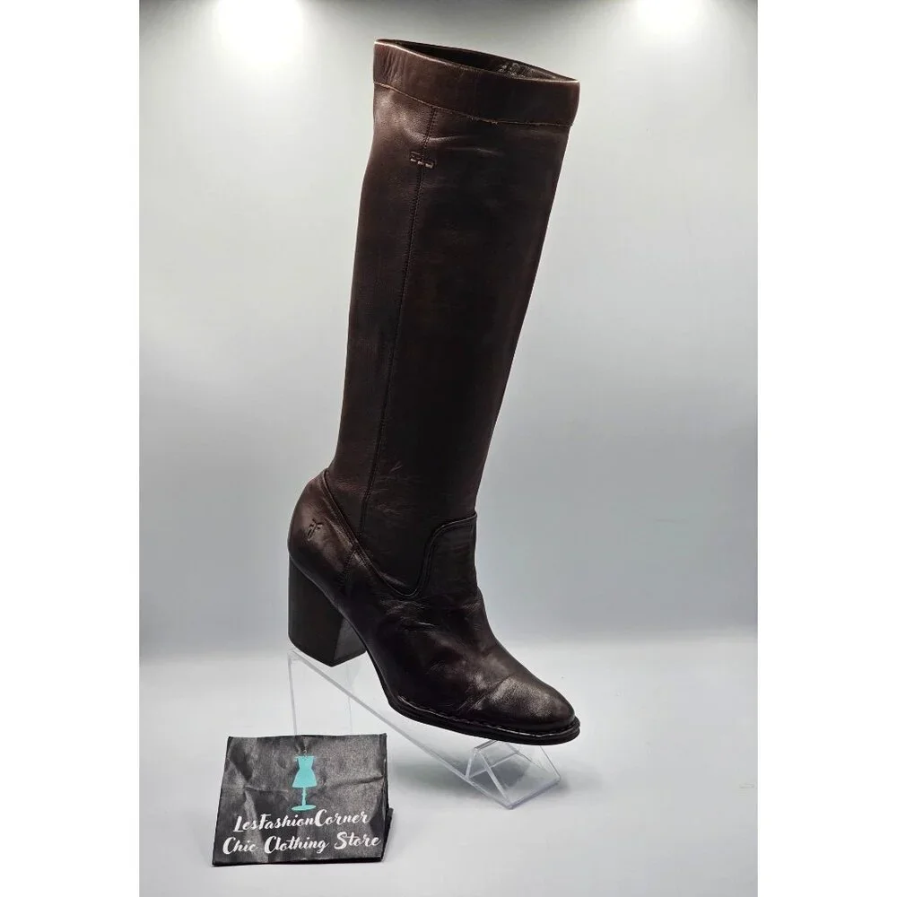 Frye Women's Brown Leather Rory Scrunch Knee-High Heeled Boots Size 7 3242 - Picture 14 of 16